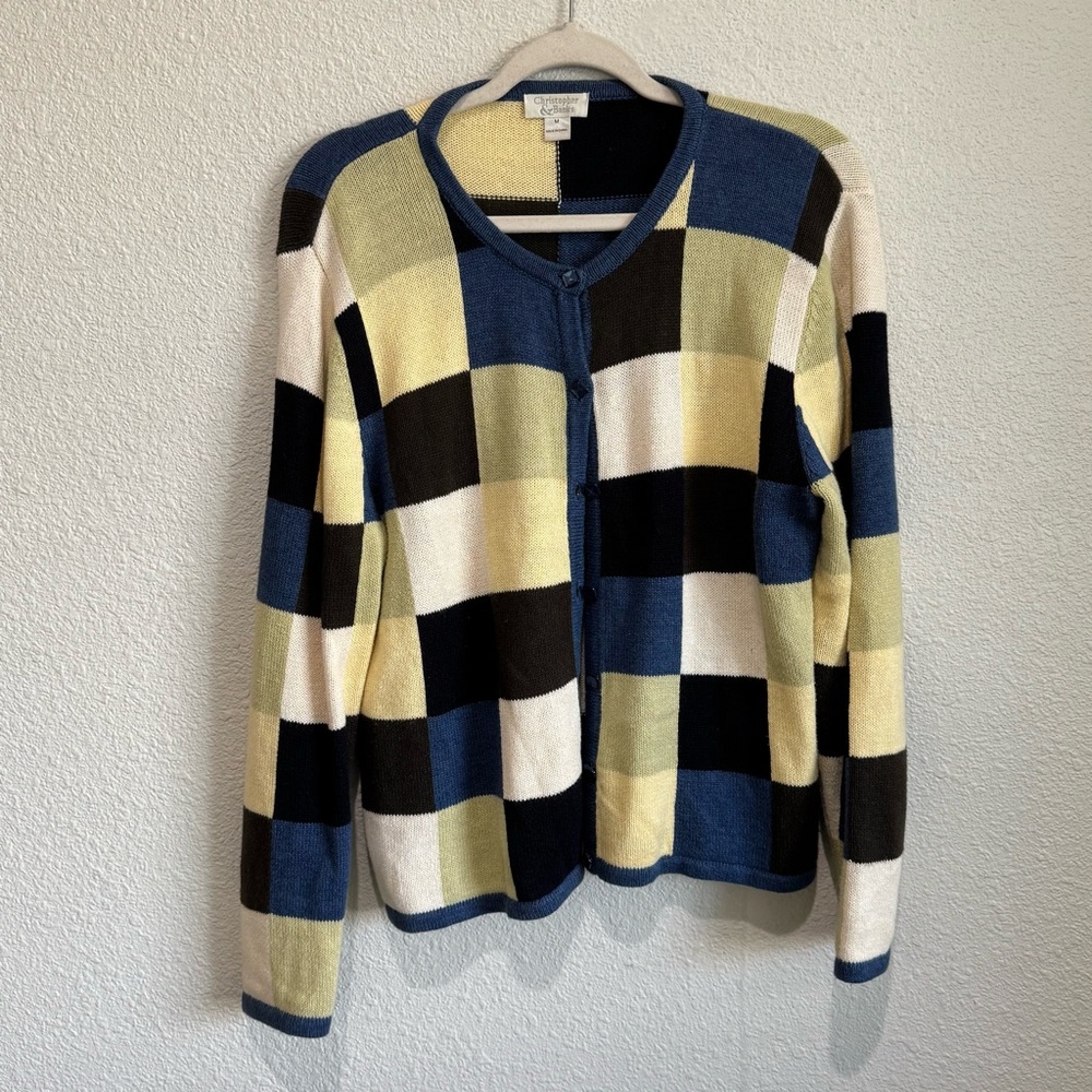 VTG Christopher & Banks M Checkered Gilmore Girl Pastel Granny Knit Cardigan